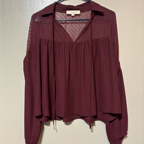 LOFT Tops - LOFT Burgundy Sheer Dotted-Yoke Long-Sleeve Peasant Top Size S